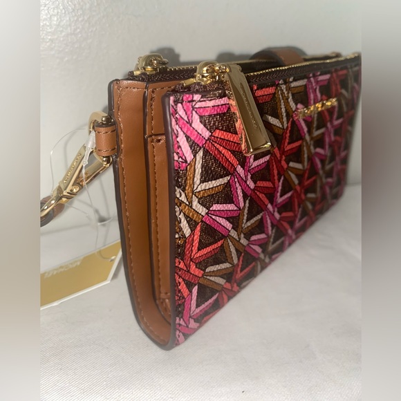 NEW! NWT MICHAEL KORS Jet Set Double Zip MK Logo Wristlet Brown Multi - Picture 3 of 5